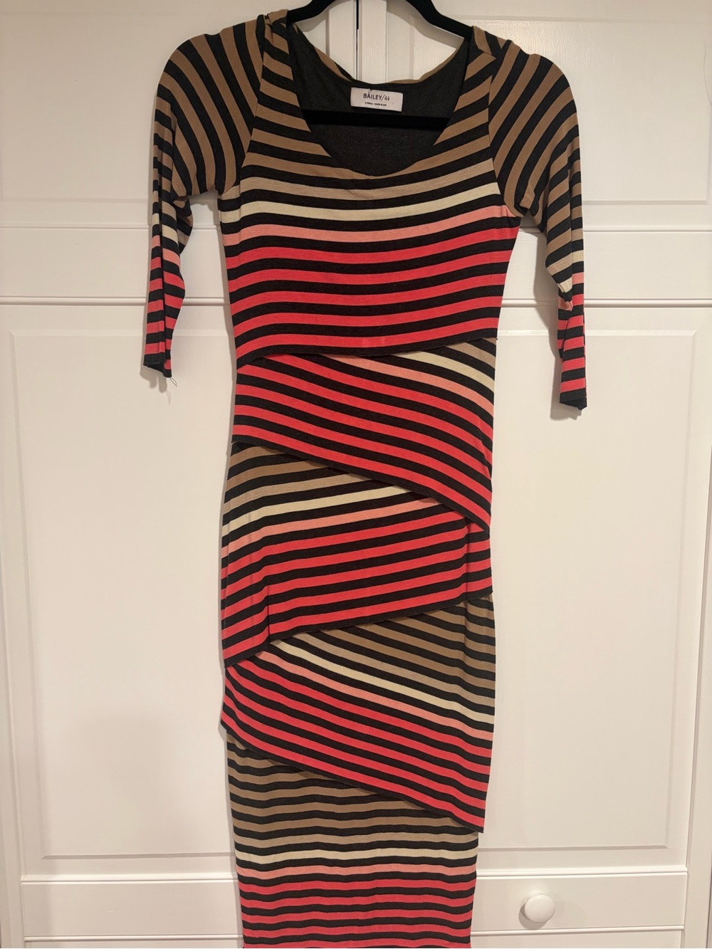 Bailey 44 Red, Tan and Black Striped Wrap-Style Midi Dress